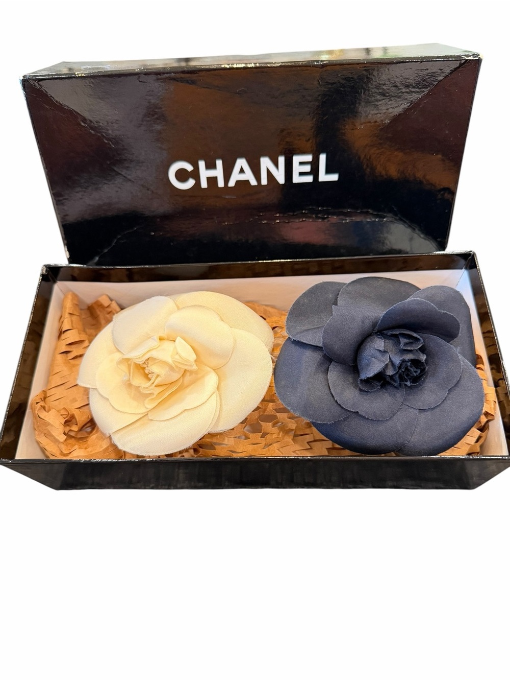 CHANEL Camellia Pin Pair in Cream and Navy Blue